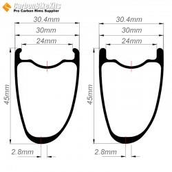 超軽量 700C / 650B 45x30mm 非対称カーボンチューブレスフックレスグラベルホイールリム